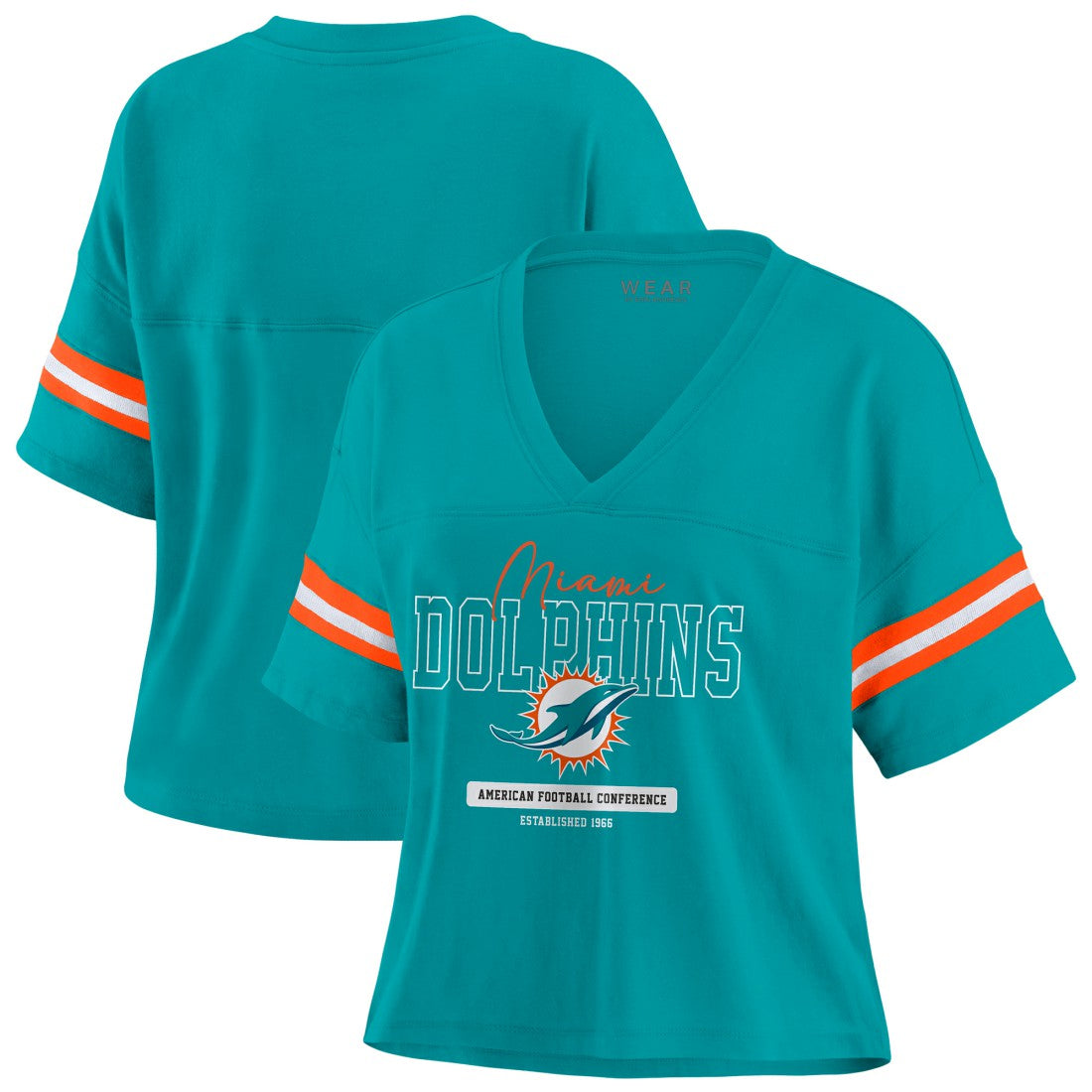 NFL Miami Dolphins WEAR by Erin Andrews Women's Color Block Boxy Modest Crop V-Neck T-Shirt