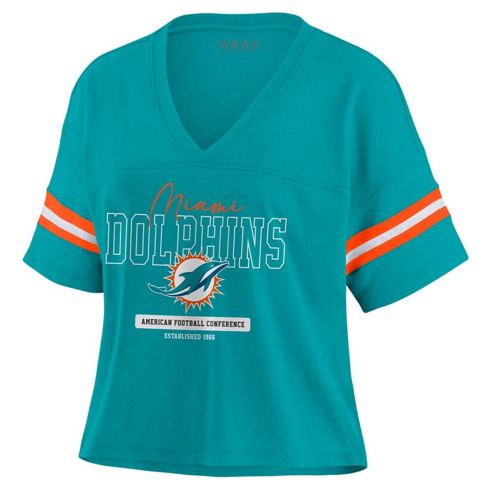 NFL Miami Dolphins WEAR by Erin Andrews Women's Color Block Boxy Modest Crop V-Neck T-Shirt