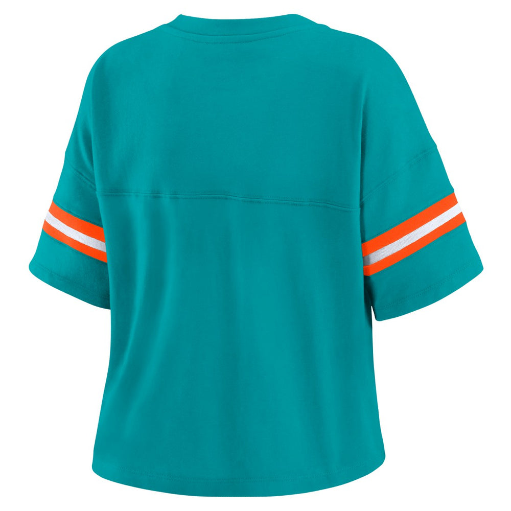 NFL Miami Dolphins WEAR by Erin Andrews Women's Color Block Boxy Modest Crop V-Neck T-Shirt
