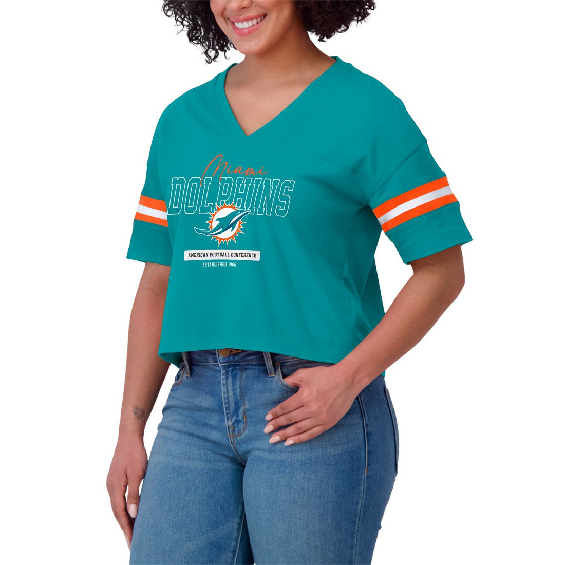 NFL Miami Dolphins WEAR by Erin Andrews Women's Color Block Boxy Modest Crop V-Neck T-Shirt