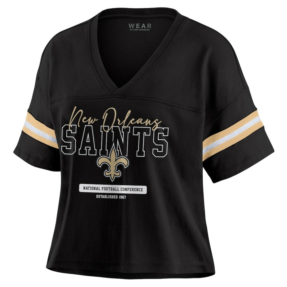 NFL New Orleans Saints WEAR by Erin Andrews Women's Color Block Boxy Modest Crop V-Neck T-Shirt