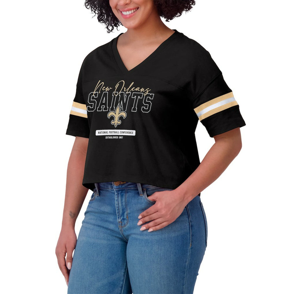 NFL New Orleans Saints WEAR by Erin Andrews Women's Color Block Boxy Modest Crop V-Neck T-Shirt
