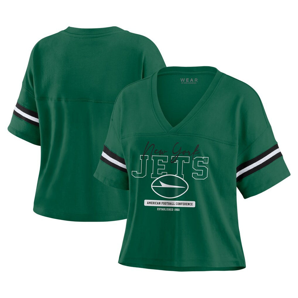 NFL New York Jets WEAR by Erin Andrews Women's Color Block Boxy Modest Crop V-Neck T-Shirt
