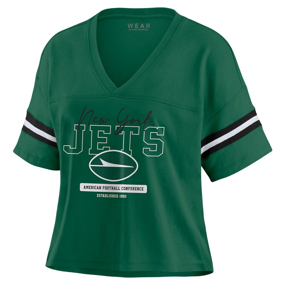 NFL New York Jets WEAR by Erin Andrews Women's Color Block Boxy Modest Crop V-Neck T-Shirt