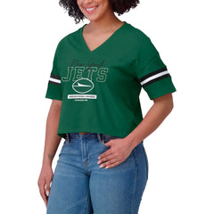 NFL New York Jets WEAR by Erin Andrews Women's Color Block Boxy Modest Crop V-Neck T-Shirt