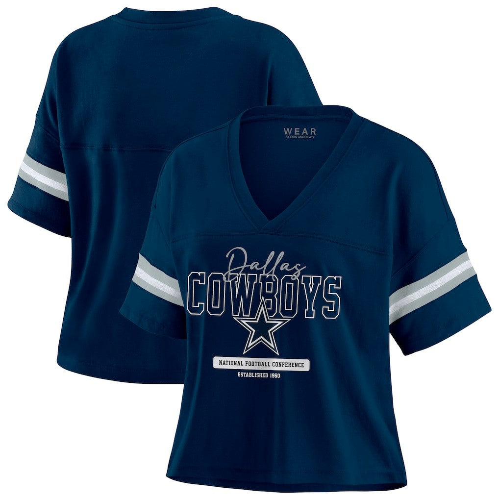 NFL Dallas Cowboys WEAR by Erin Andrews Women's Color Block Boxy Modest Crop V-Neck T-Shirt