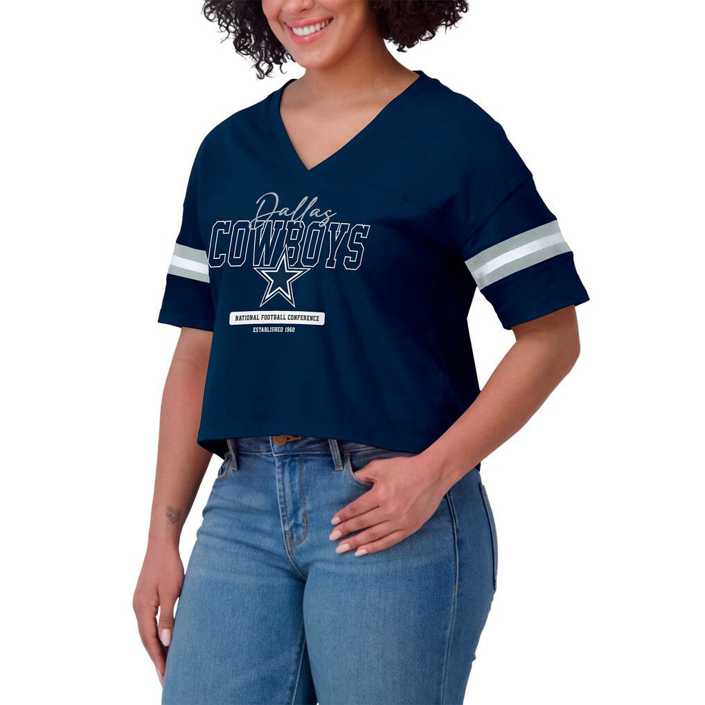 NFL Dallas Cowboys WEAR by Erin Andrews Women's Color Block Boxy Modest Crop V-Neck T-Shirt