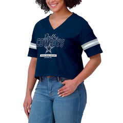 NFL Dallas Cowboys WEAR by Erin Andrews Women's Color Block Boxy Modest Crop V-Neck T-Shirt
