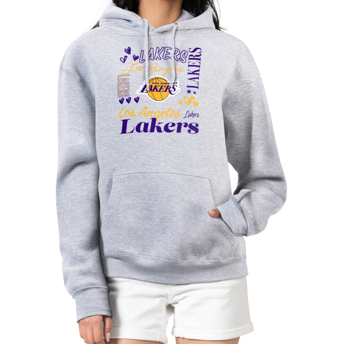 Los Angeles Lakers G-III 4Her by Carl Banks Women's Team Collage Graphic Fleece Pullover Hoodie - Heather Gray for sale
