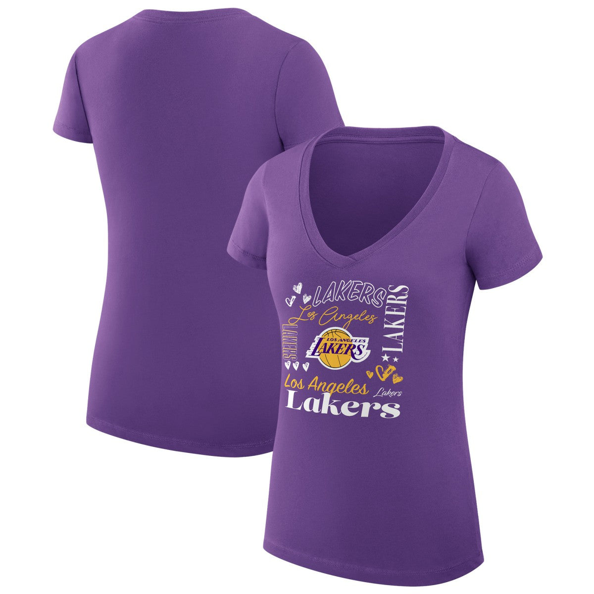 Los Angeles Lakers G-III 4Her by Carl Banks Women's Super-Slim Fit Lightweight Team Name Collage Graphic V-Neck T-Shirt - Purple for sale