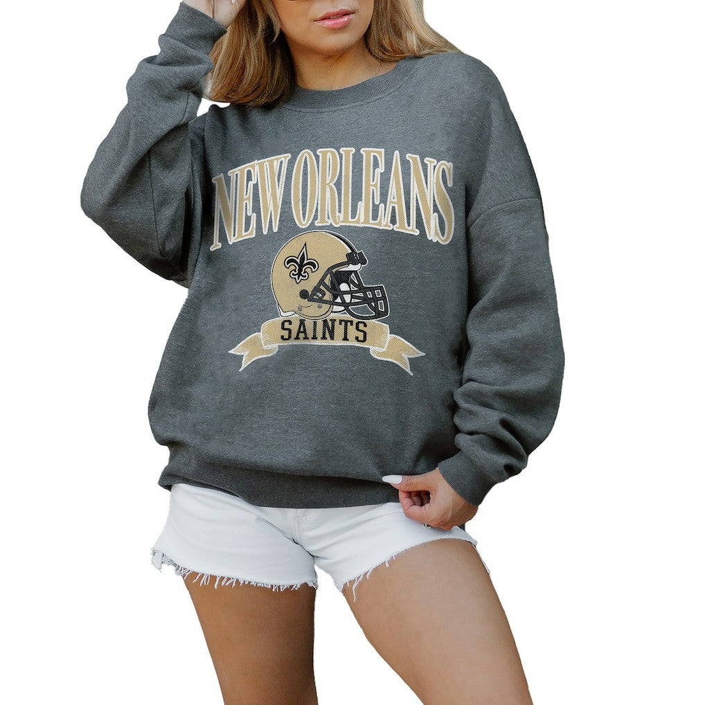 NFL New Orleans Saints Gameday Couture Women's Oversized Seal The Deal Premium Fleece Drop Shoulder Pullover Sweatshirt