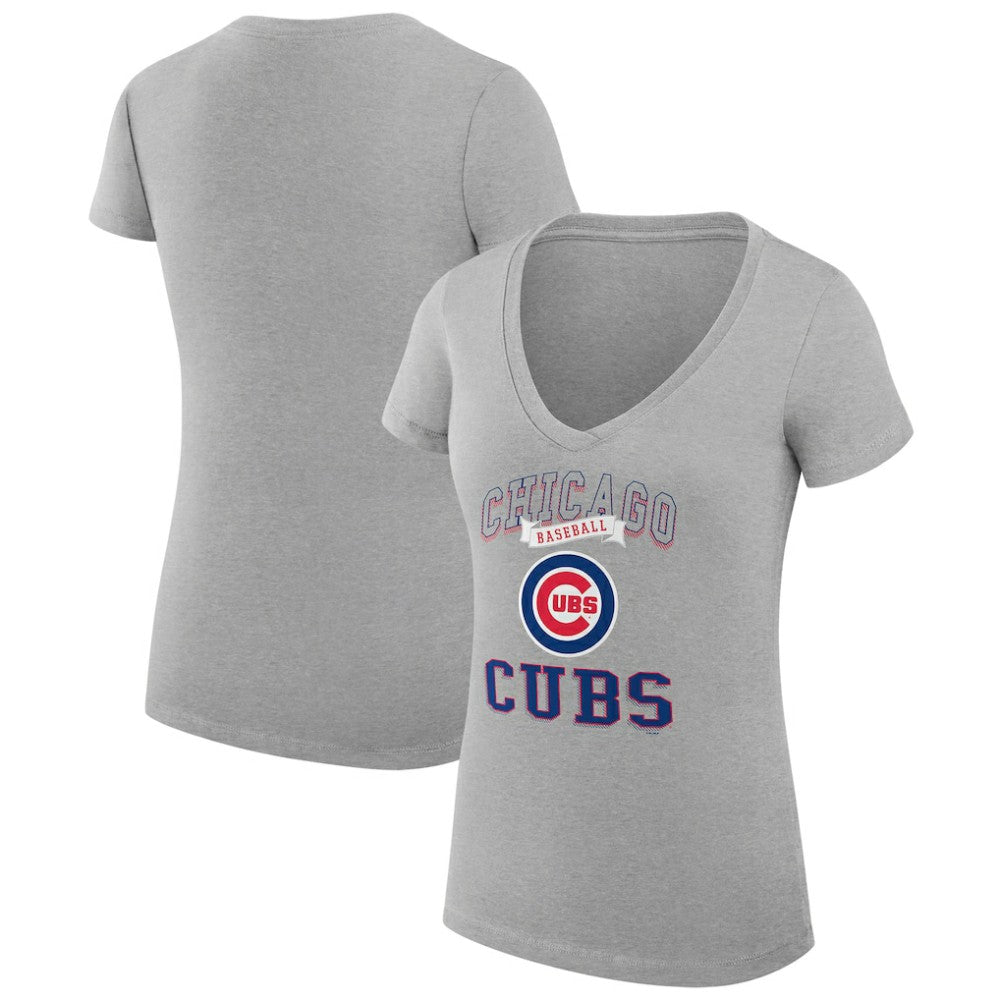 Chicago Cubs G-III 4Her by Carl Banks Women's Super-Slim Fit Lightweight Team Logo Graphic V-Neck T-Shirt - Heather Gray