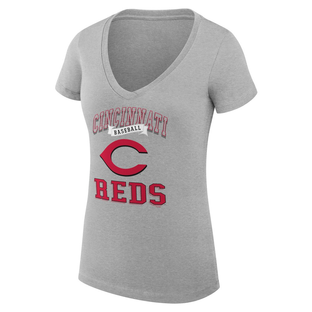 Cincinnati Reds G-III 4Her by Carl Banks Women's Super-Slim Fit Lightweight Team Logo Graphic V-Neck T-Shirt - Heather Gray