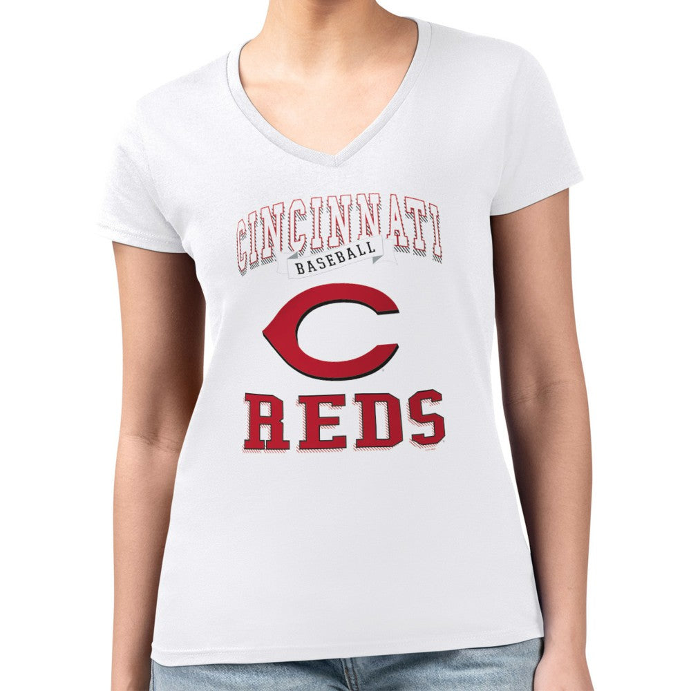 Cincinnati Reds G-III 4Her by Carl Banks Women's Super-Slim Fit Lightweight Team Logo Graphic V-Neck T-Shirt - White