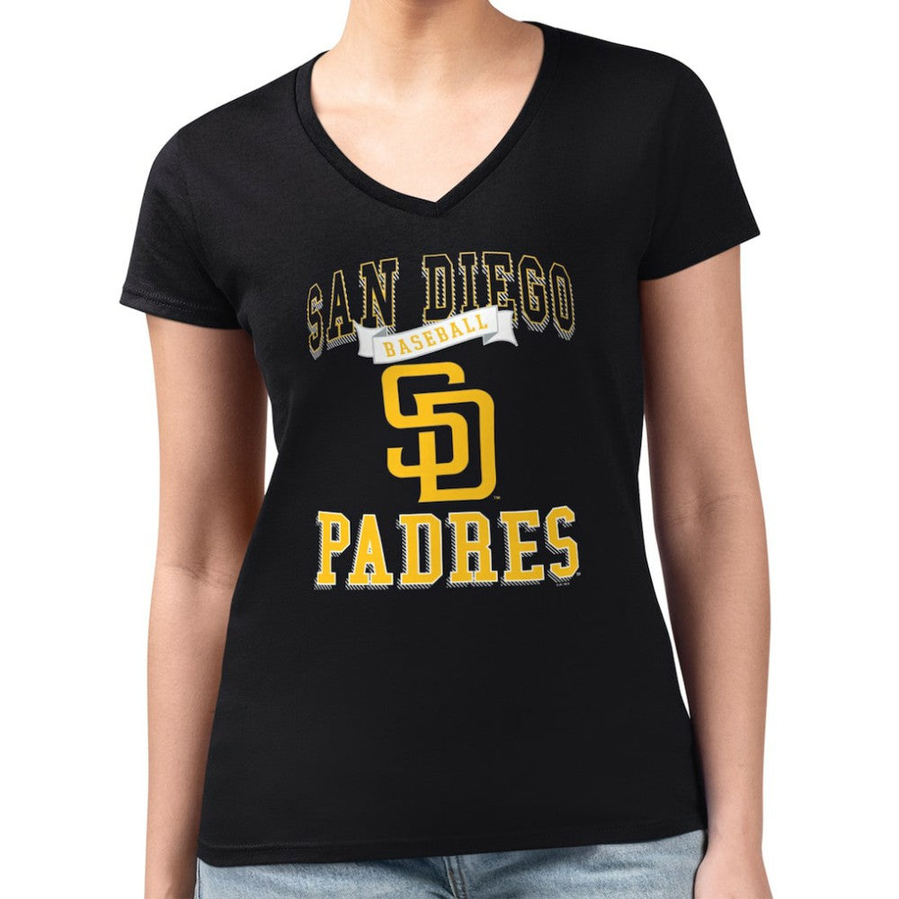 San Diego Padres G-III 4Her by Carl Banks Women's Super-Slim Fit Lightweight Team Logo Graphic V-Neck T-Shirt - Black