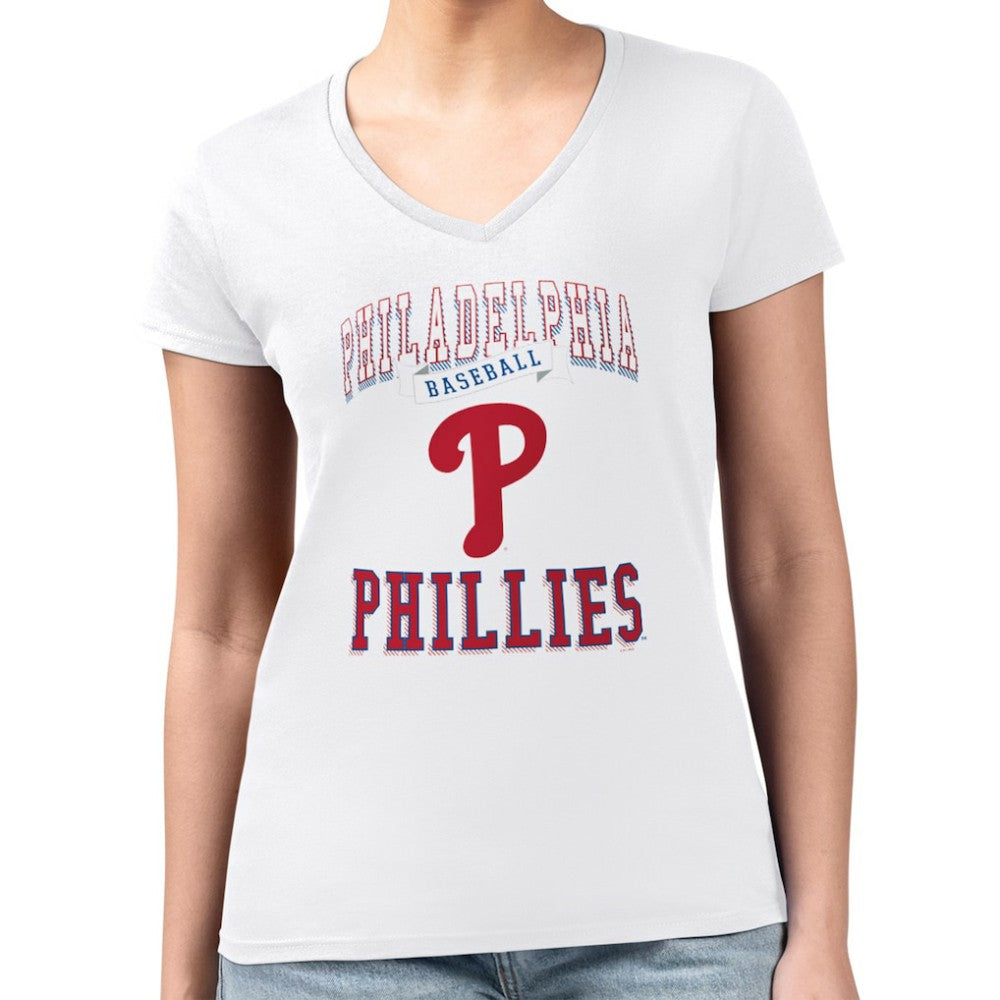 Philadelphia Phillies G-III 4Her by Carl Banks Women's Super-Slim Fit Lightweight Team Logo Graphic V-Neck T-Shirt - White