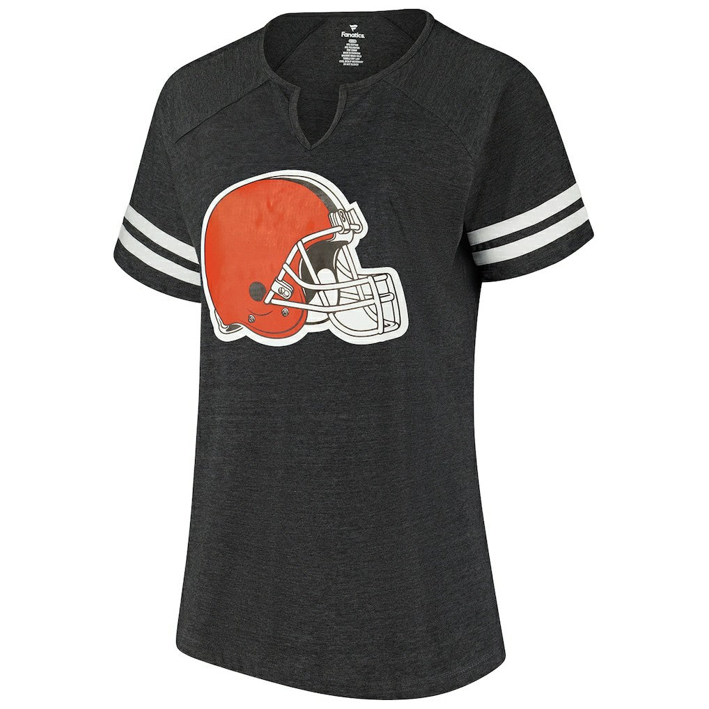 NFL Cleveland Browns Women's Plus Size Logo Striped Raglan Notch Neck T-Shirt