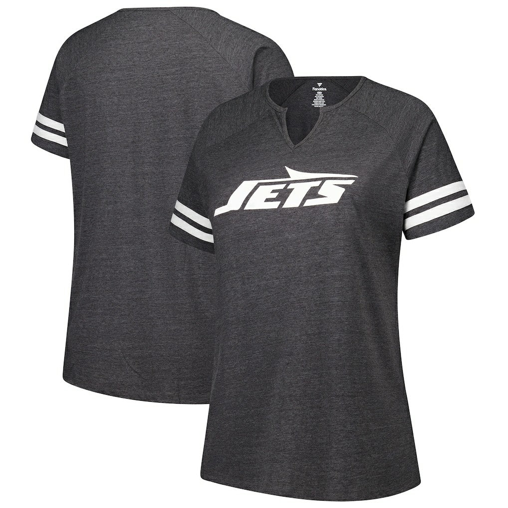 NFL New York Jets Women's Plus Size Logo Striped Raglan Notch Neck T-Shirt