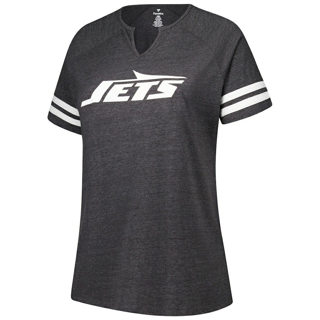 NFL New York Jets Women's Plus Size Logo Striped Raglan Notch Neck T-Shirt