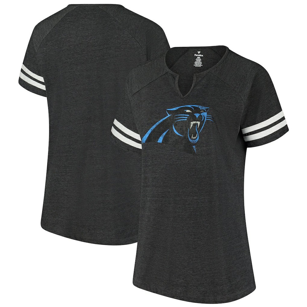 NFL Carolina Panthers Women's Plus Size Logo Striped Raglan Notch Neck T-Shirt