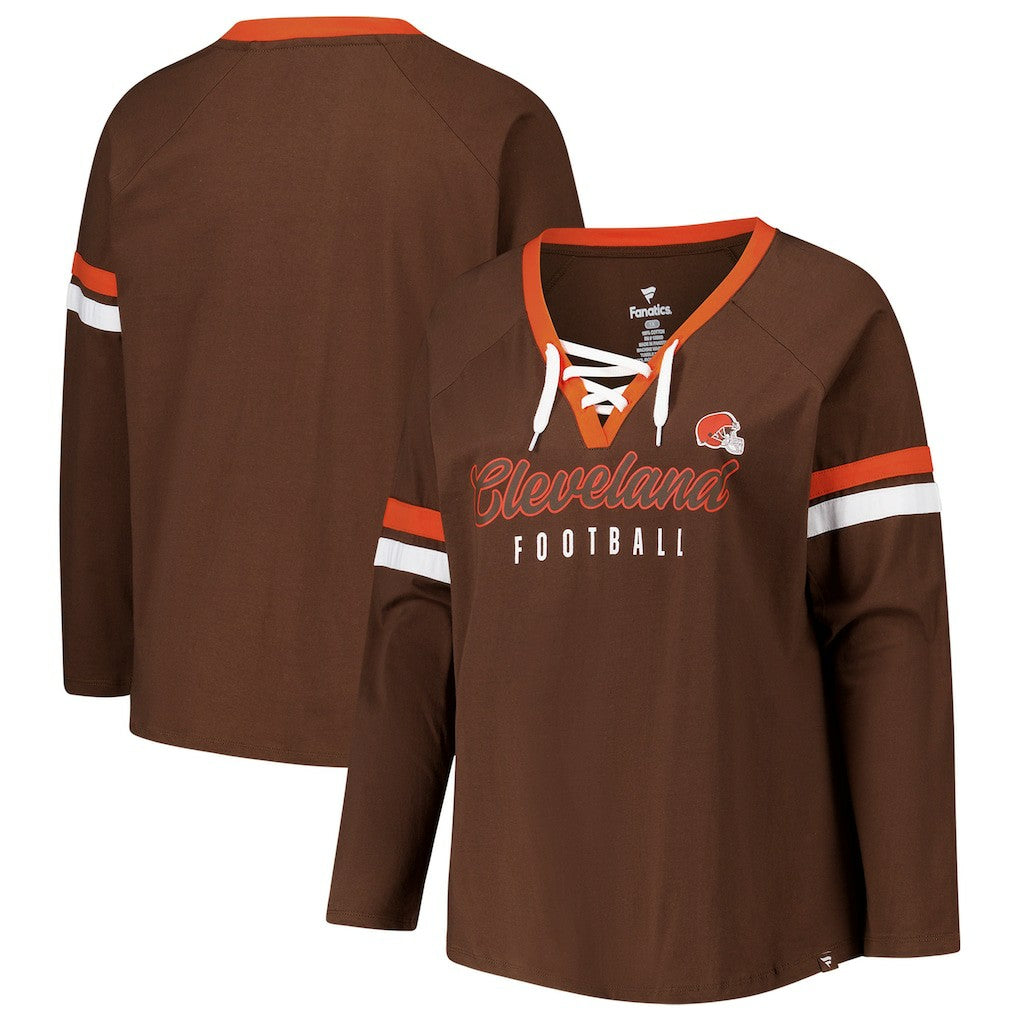 NFL Cleveland Browns Women's Plus Size Won & Done Lace-Up V-Neck Long Sleeve T-Shirt