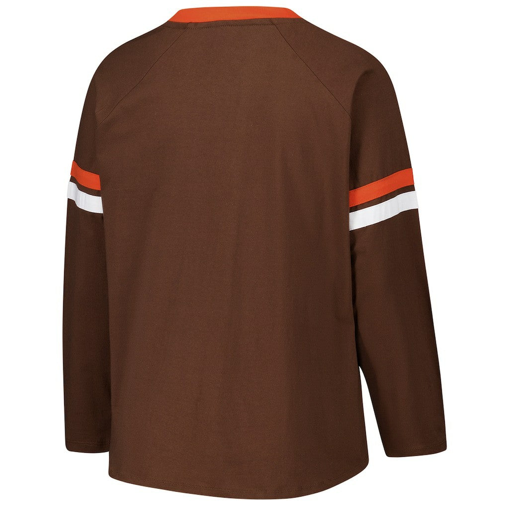 NFL Cleveland Browns Women's Plus Size Won & Done Lace-Up V-Neck Long Sleeve T-Shirt