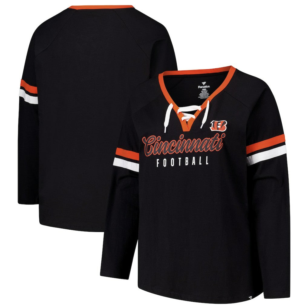 NFL Cincinnati Bengals Women's Plus Size Won & Done Lace-Up V-Neck Long Sleeve T-Shirt