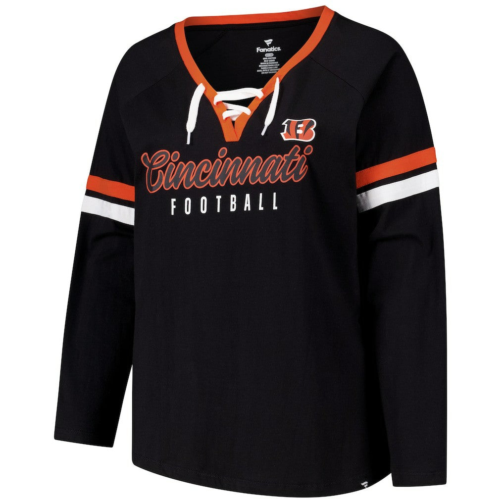 NFL Cincinnati Bengals Women's Plus Size Won & Done Lace-Up V-Neck Long Sleeve T-Shirt