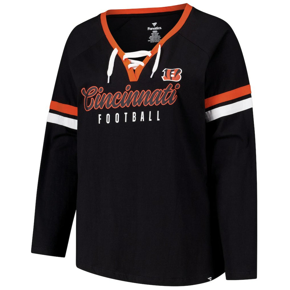 NFL Cincinnati Bengals Women's Plus Size Won & Done Lace-Up V-Neck Long Sleeve T-Shirt