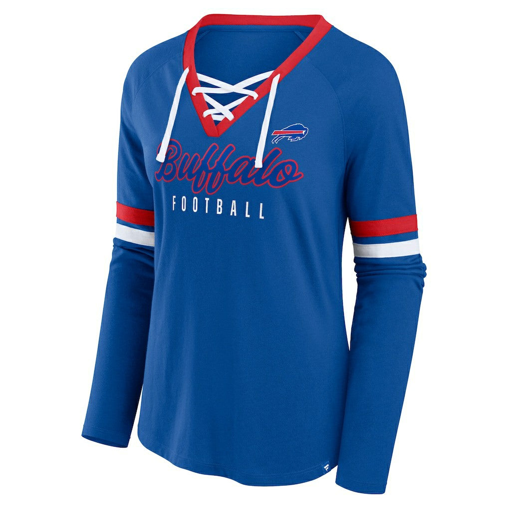 NFL Buffalo Bills Women's Plus Size Won & Done Lace-Up V-Neck Long Sleeve T-Shirt