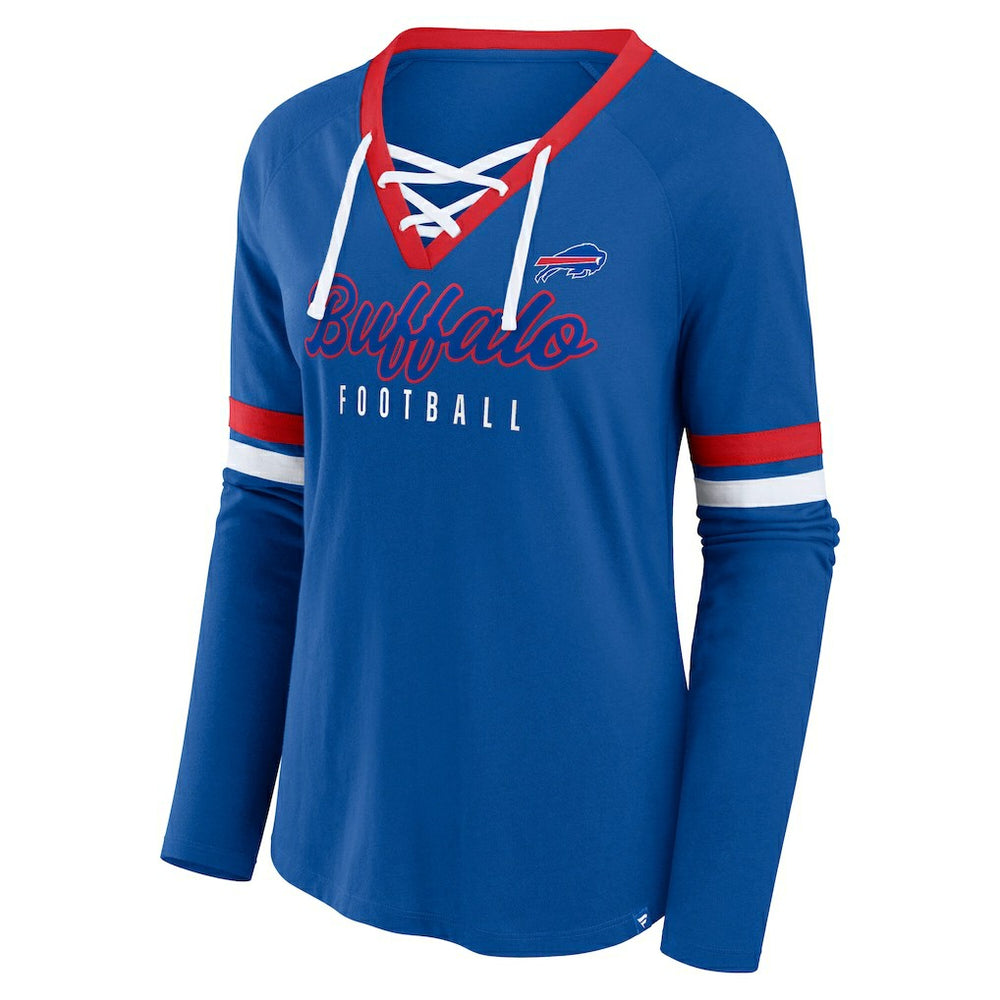 NFL Buffalo Bills Women's Plus Size Won & Done Lace-Up V-Neck Long Sleeve T-Shirt