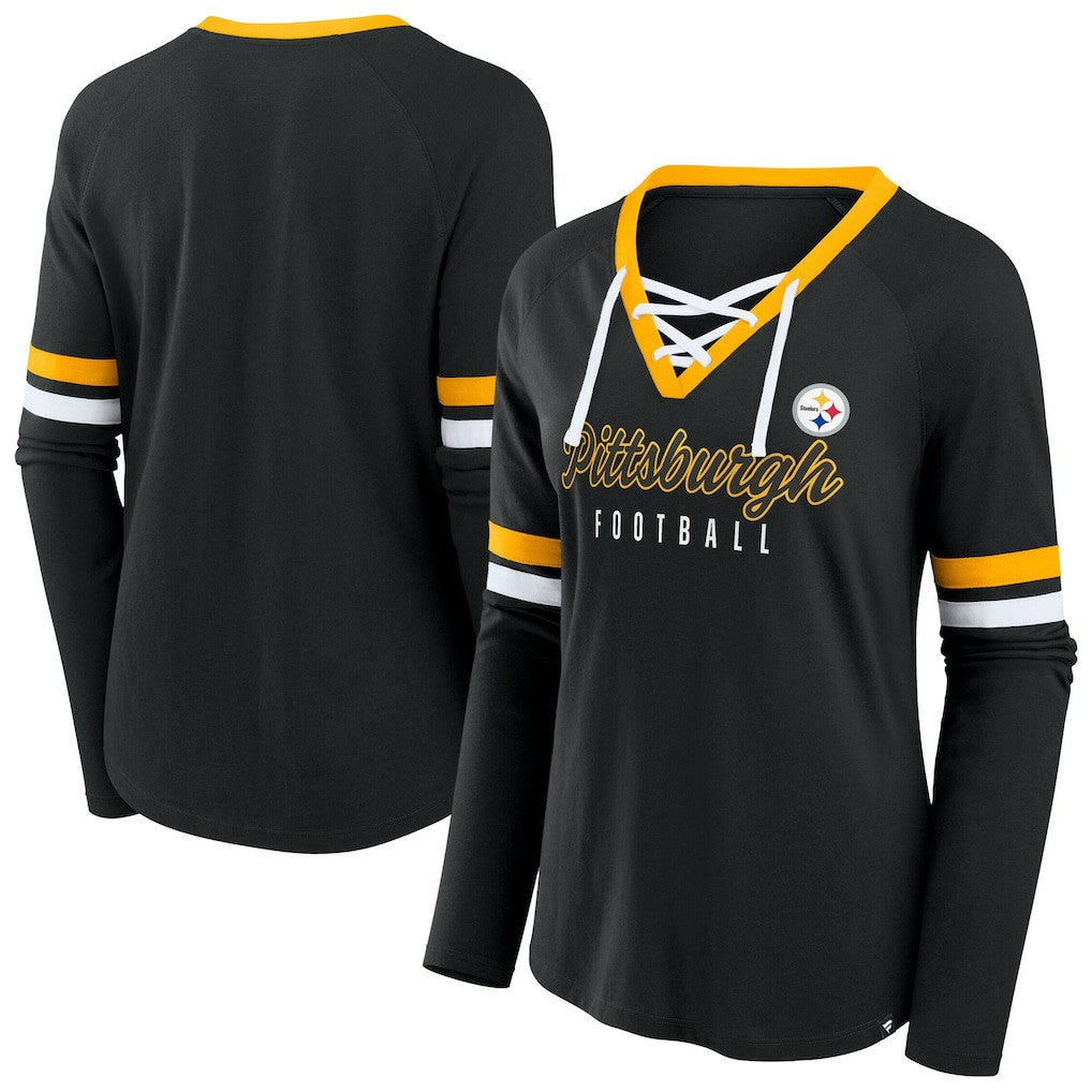 NFL Pittsburgh Steelers Women's Plus Size Won & Done Lace-Up V-Neck Long Sleeve T-Shirt
