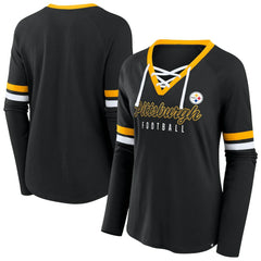 NFL Pittsburgh Steelers Women's Plus Size Won & Done Lace-Up V-Neck Long Sleeve T-Shirt