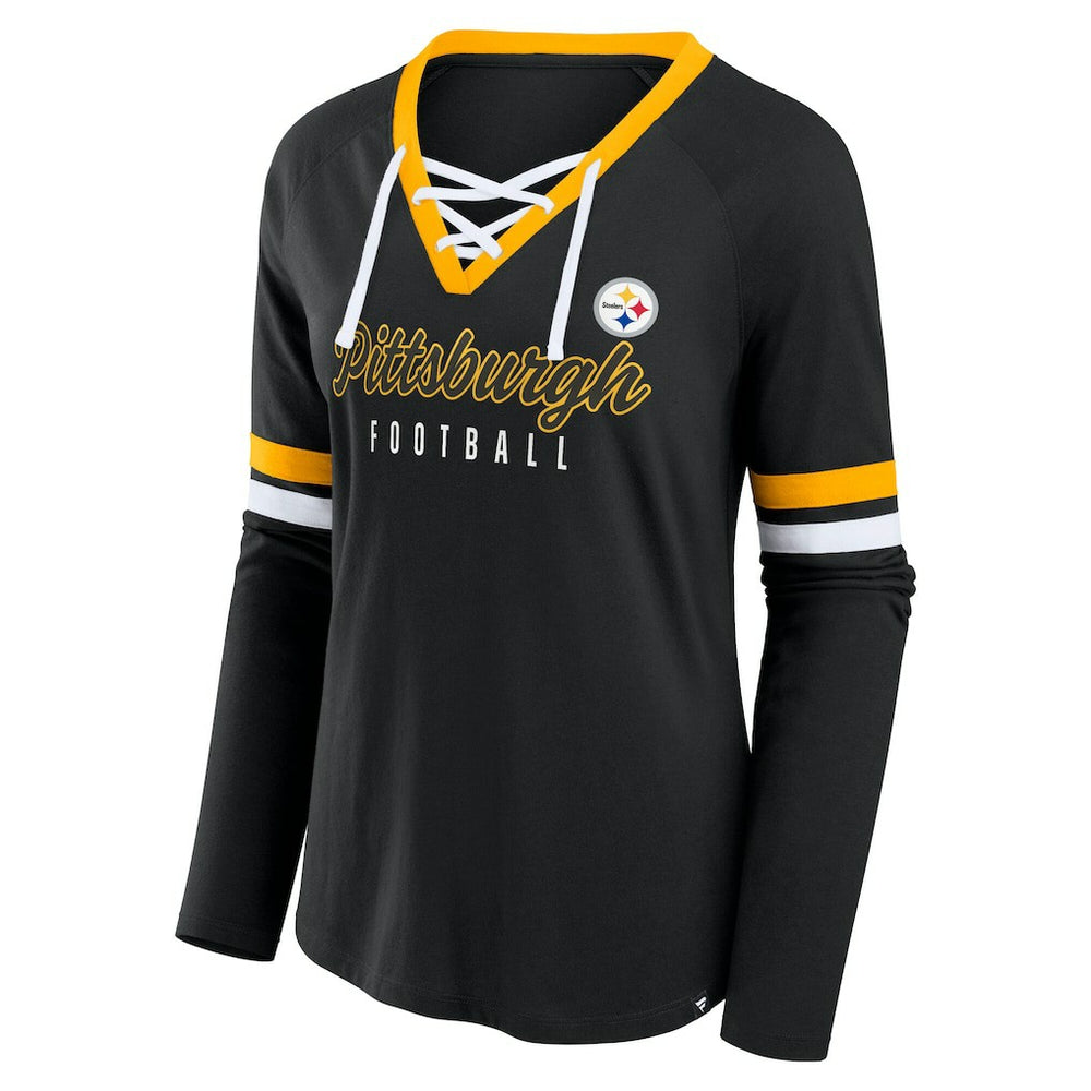 NFL Pittsburgh Steelers Women's Plus Size Won & Done Lace-Up V-Neck Long Sleeve T-Shirt