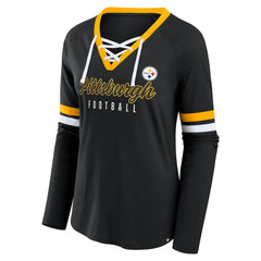 NFL Pittsburgh Steelers Women's Plus Size Won & Done Lace-Up V-Neck Long Sleeve T-Shirt