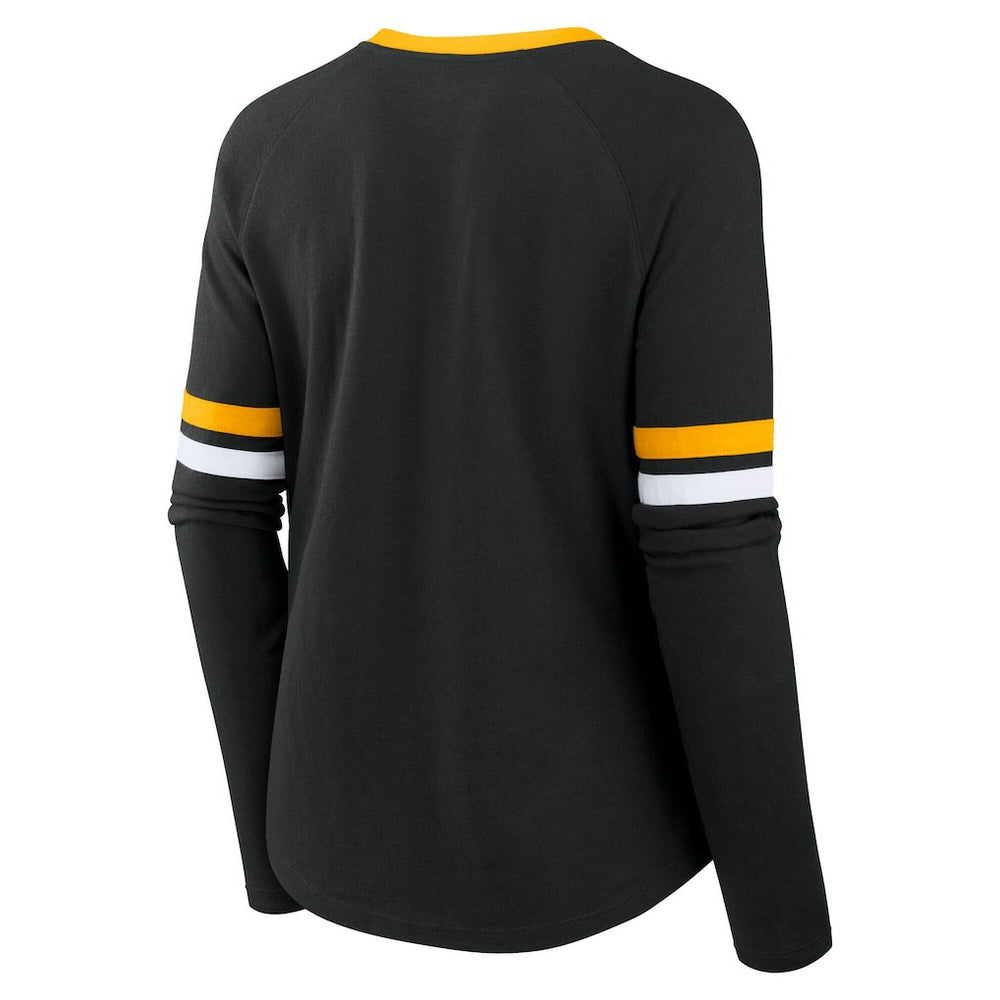 NFL Pittsburgh Steelers Women's Plus Size Won & Done Lace-Up V-Neck Long Sleeve T-Shirt