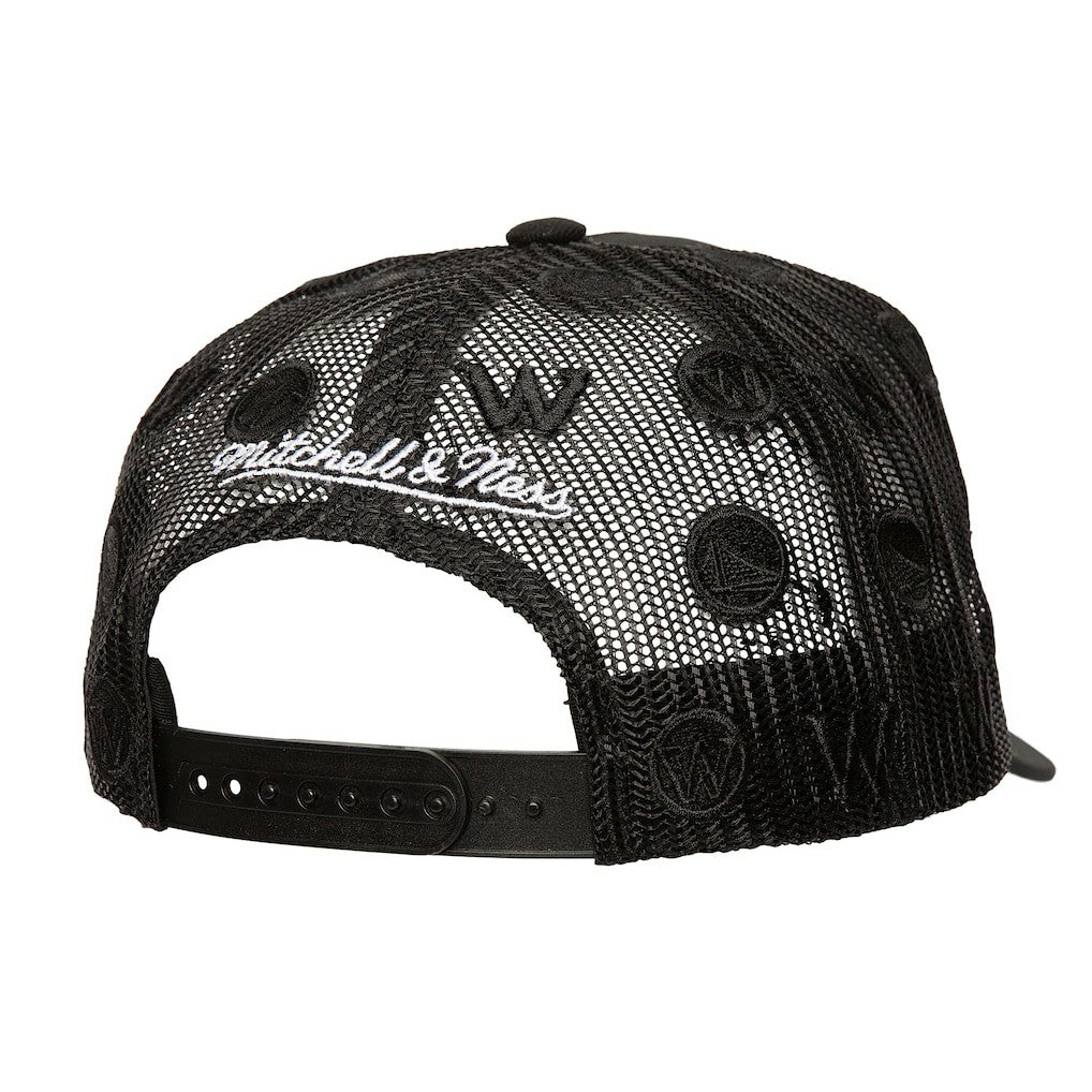 Golden State Warriors Monogram Allover Logo Mesh Trucker Adjustable Hat sale - Black | Mitchell & Ness shop