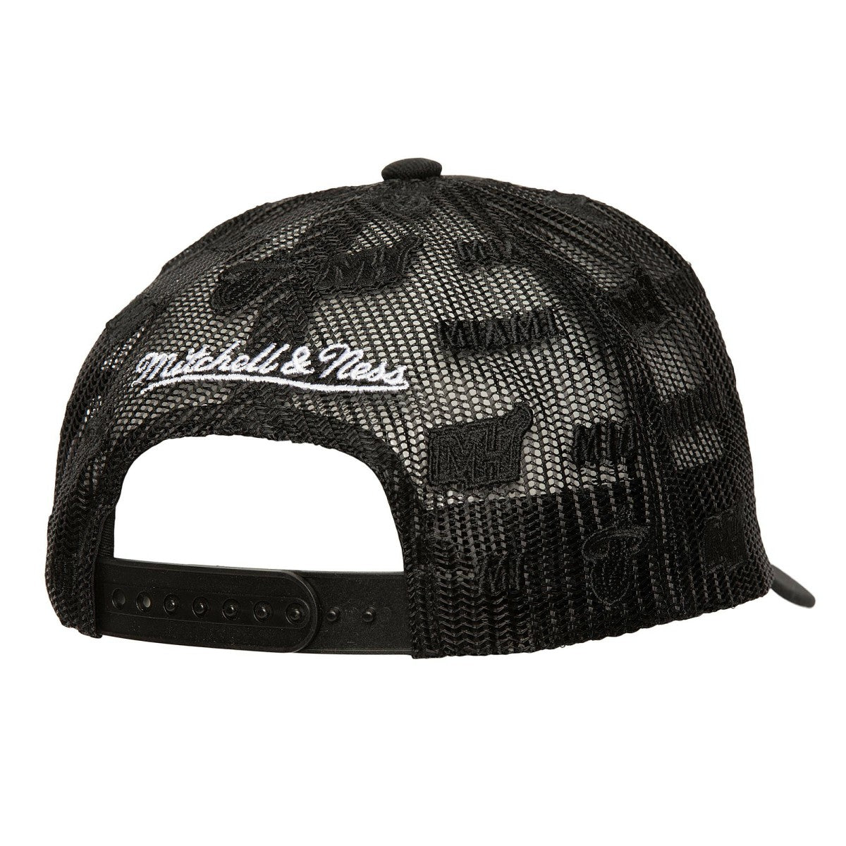 Miami Heat Monogram Allover Logo Mesh Trucker Adjustable Hat - Black | Mitchell & Ness on sale