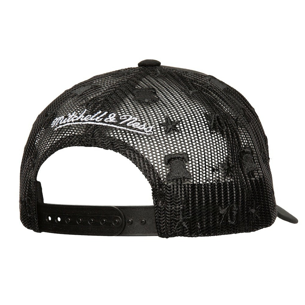 Philadelphia 76ers Monogram Allover Logo Mesh Trucker Adjustable Hat - Black | Mitchell & Ness outlet