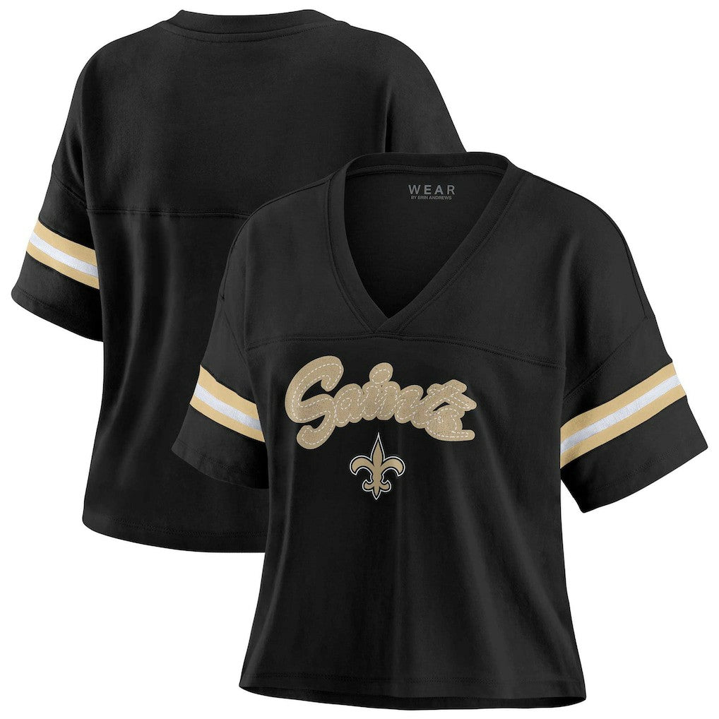 NFL New Orleans Saints WEAR by Erin Andrews Women's Plus Size Color Block Boxy V-Neck T-Shirt