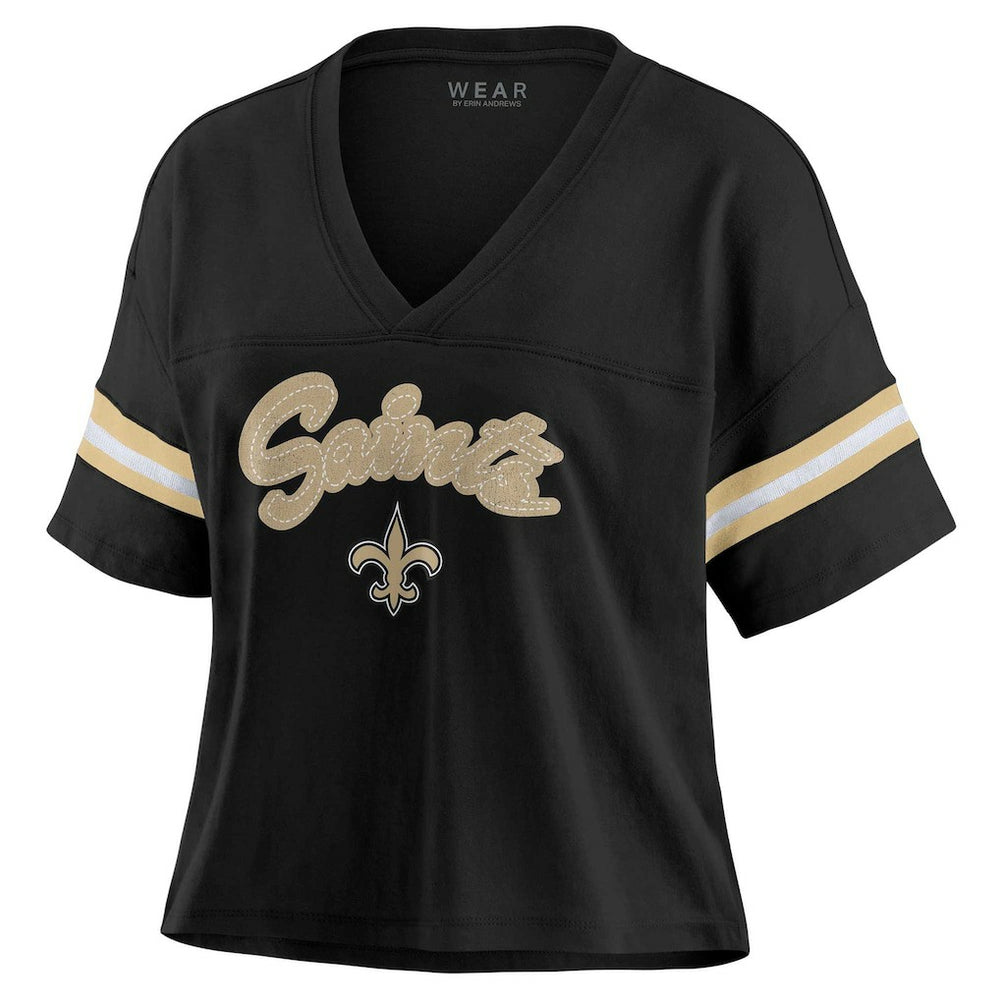 NFL New Orleans Saints WEAR by Erin Andrews Women's Plus Size Color Block Boxy V-Neck T-Shirt
