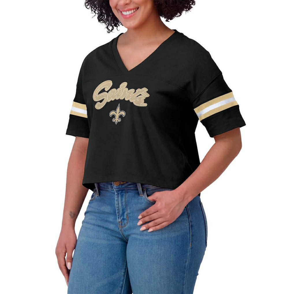NFL New Orleans Saints WEAR by Erin Andrews Women's Plus Size Color Block Boxy V-Neck T-Shirt