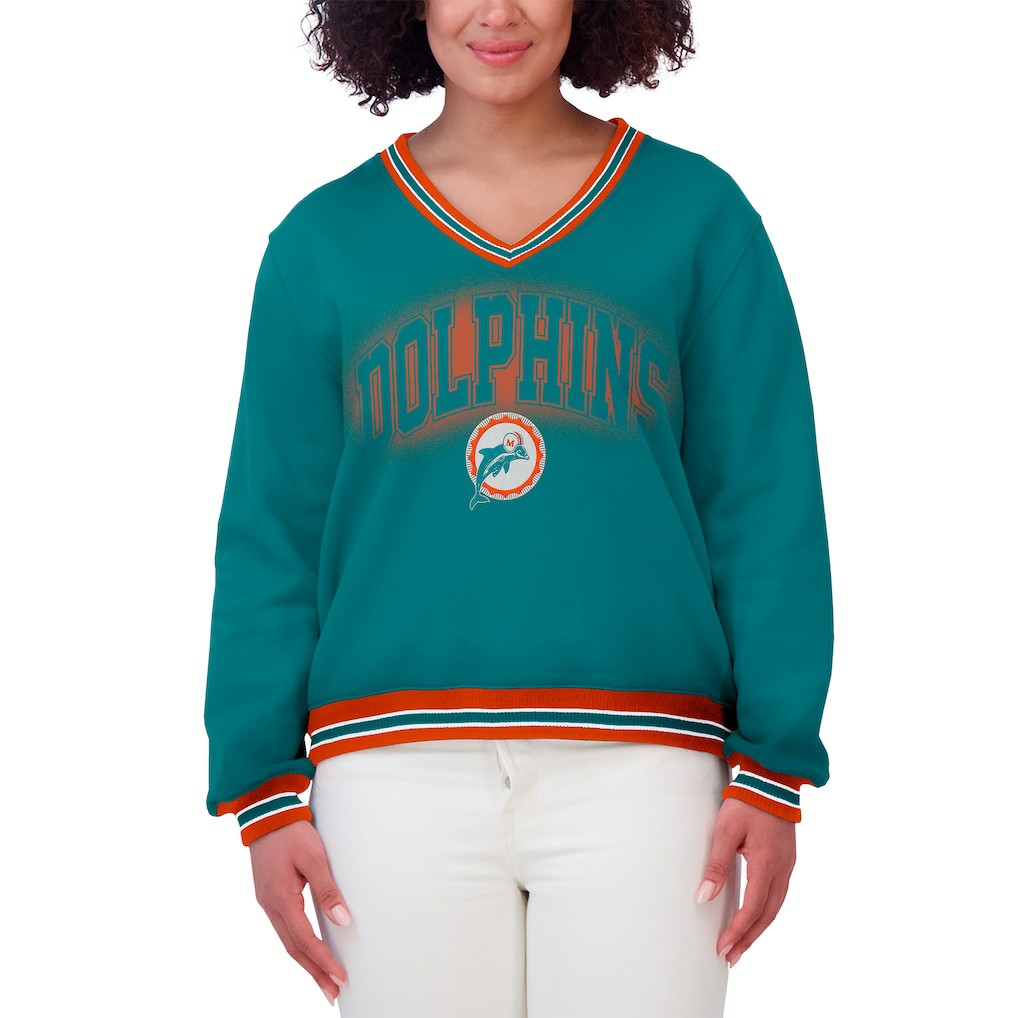 NFL Miami Dolphins WEAR by Erin Andrews Women's Oversized Long Sleeve V-Neck Sweatshirt