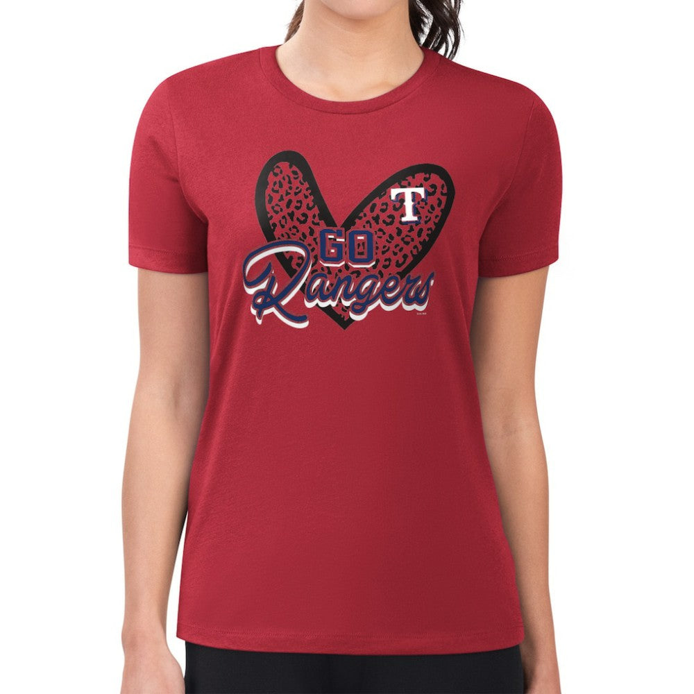 Texas Rangers G-III 4Her by Carl Banks Women's Super-Slim Fit Lightweight Leopard Heart T-Shirt - Red