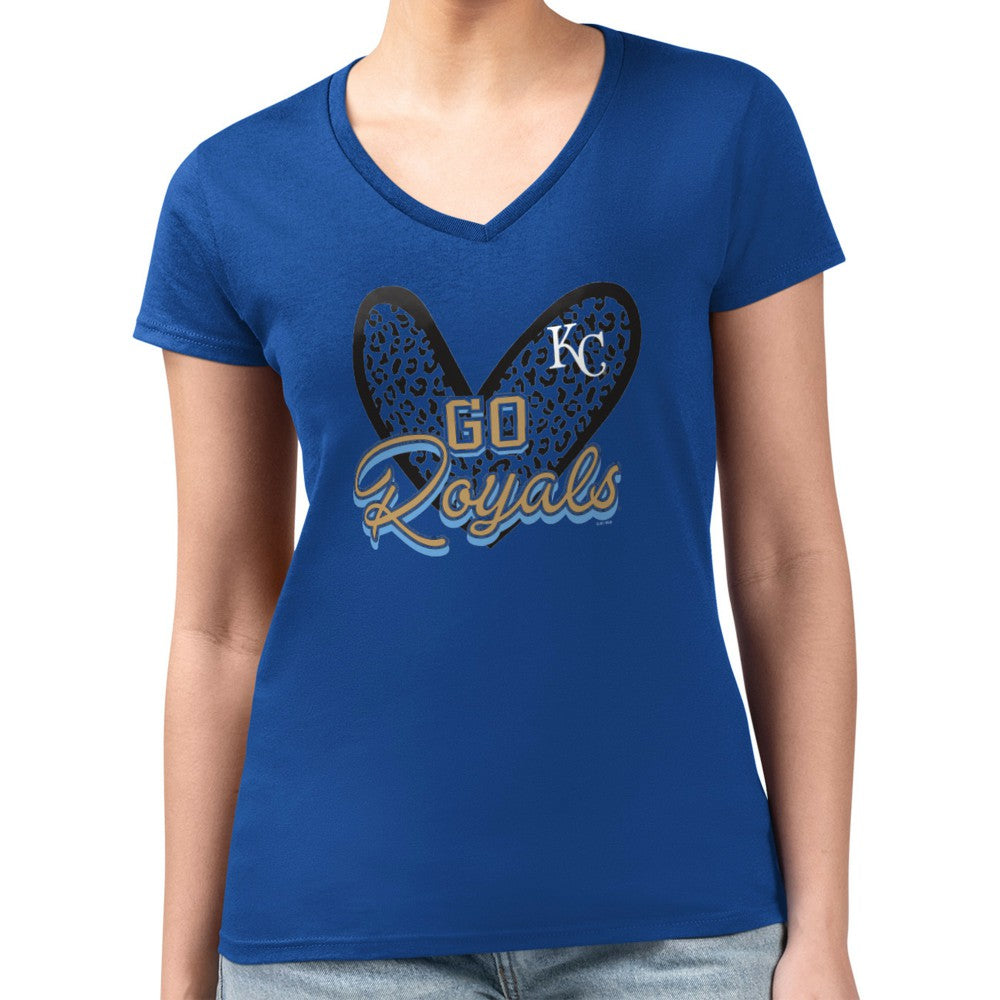 Kansas City Royals G-III 4Her by Carl Banks Women's Super-Slim Fit Lightweight Leopard Heart V-Neck T-Shirt - Royal