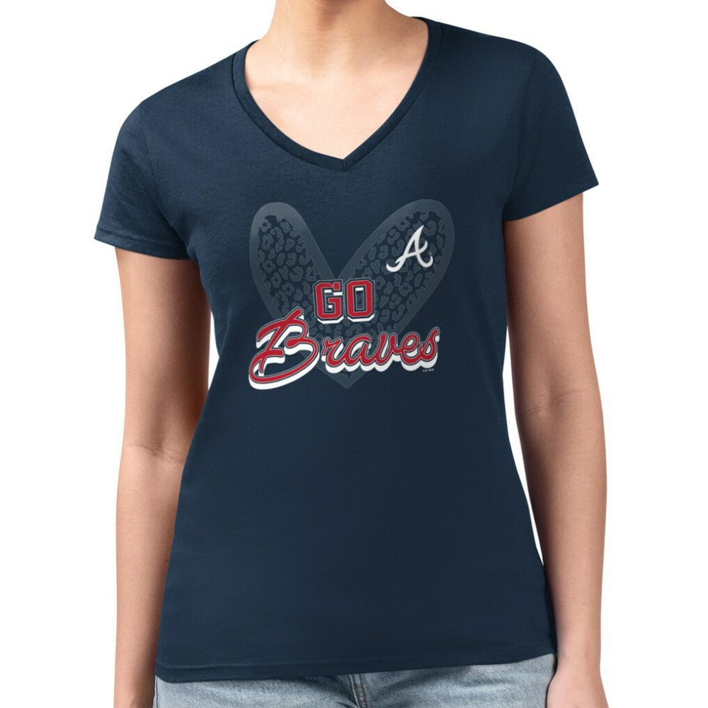 Atlanta Braves G-III 4Her by Carl Banks Women's Super-Slim Fit Lightweight Leopard Heart V-Neck T-Shirt - Navy