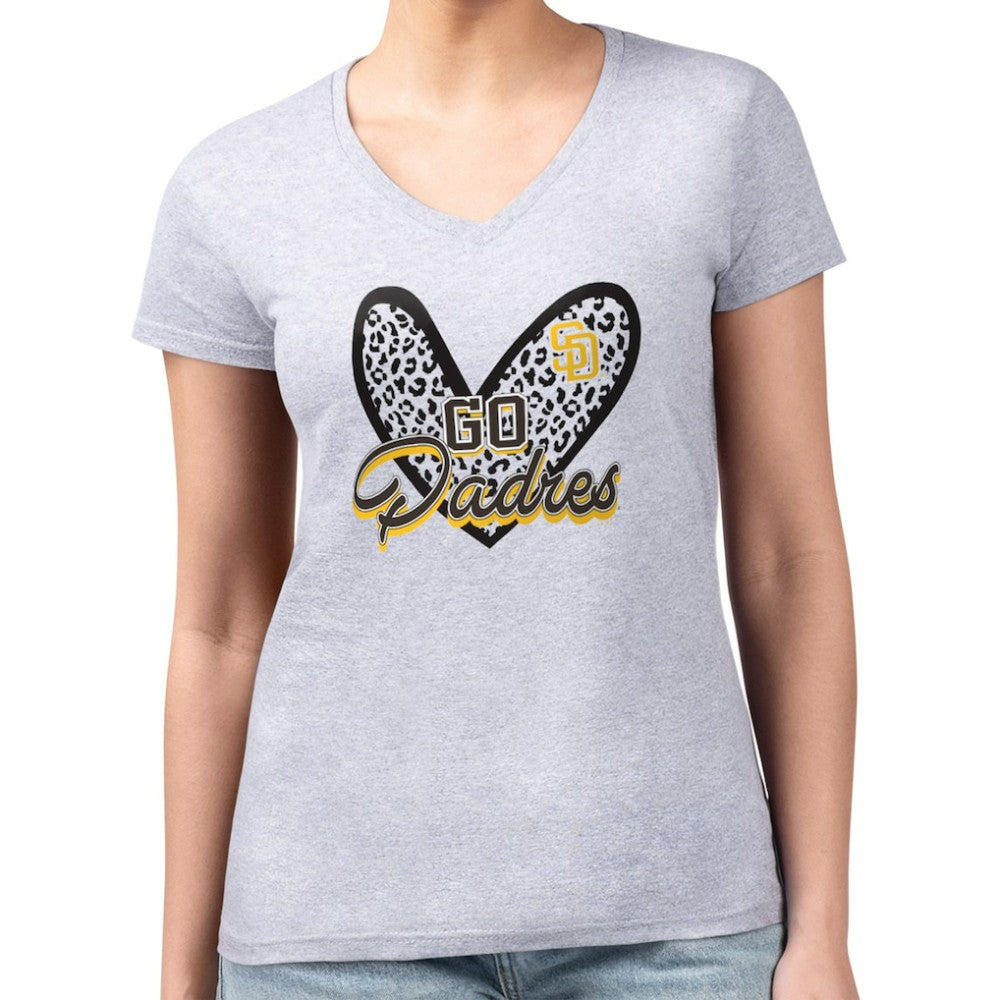 San Diego Padres G-III 4Her by Carl Banks Women's Super-Slim Fit Lightweight Leopard Heart V-Neck T-Shirt - Heather Gray