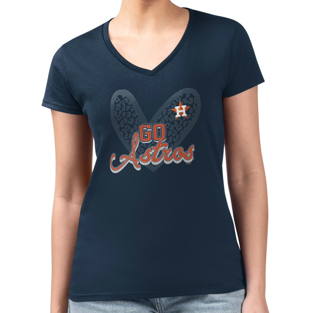 Houston Astros G-III 4Her by Carl Banks Women's Super-Slim Fit Lightweight Leopard Heart V-Neck T-Shirt - Navy