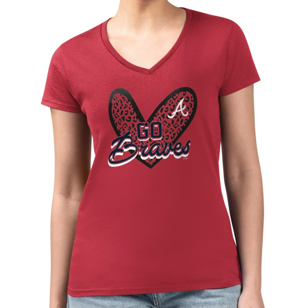 Atlanta Braves G-III 4Her by Carl Banks Women's Super-Slim Fit Lightweight Leopard Heart V-Neck T-Shirt - Red