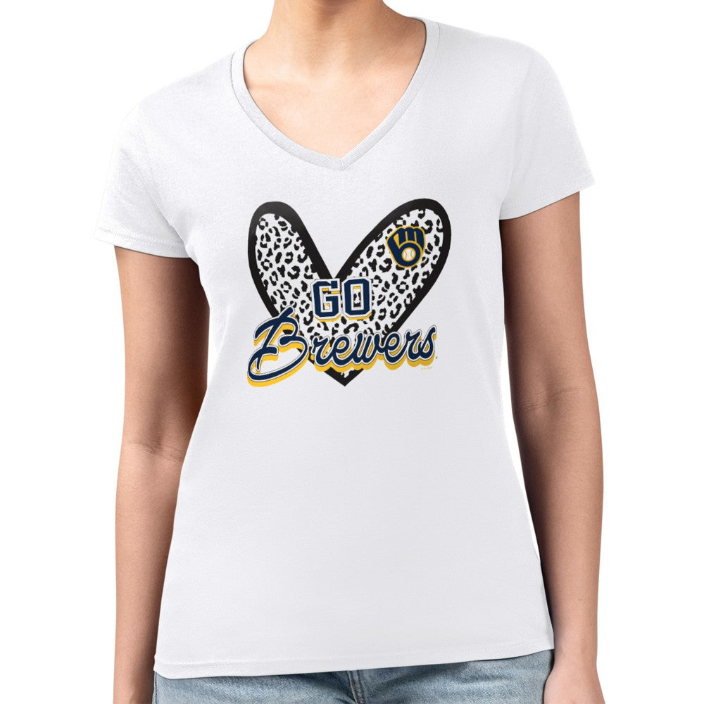 Milwaukee Brewers G-III 4Her by Carl Banks Women's Super-Slim Fit Lightweight Leopard Heart V-Neck T-Shirt - White
